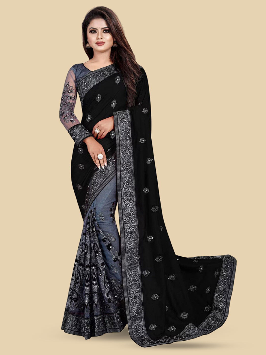 

APNISHA Ethnic Motifs Embroidered Beads & Stones Pure Silk Half & Half Saree, Black