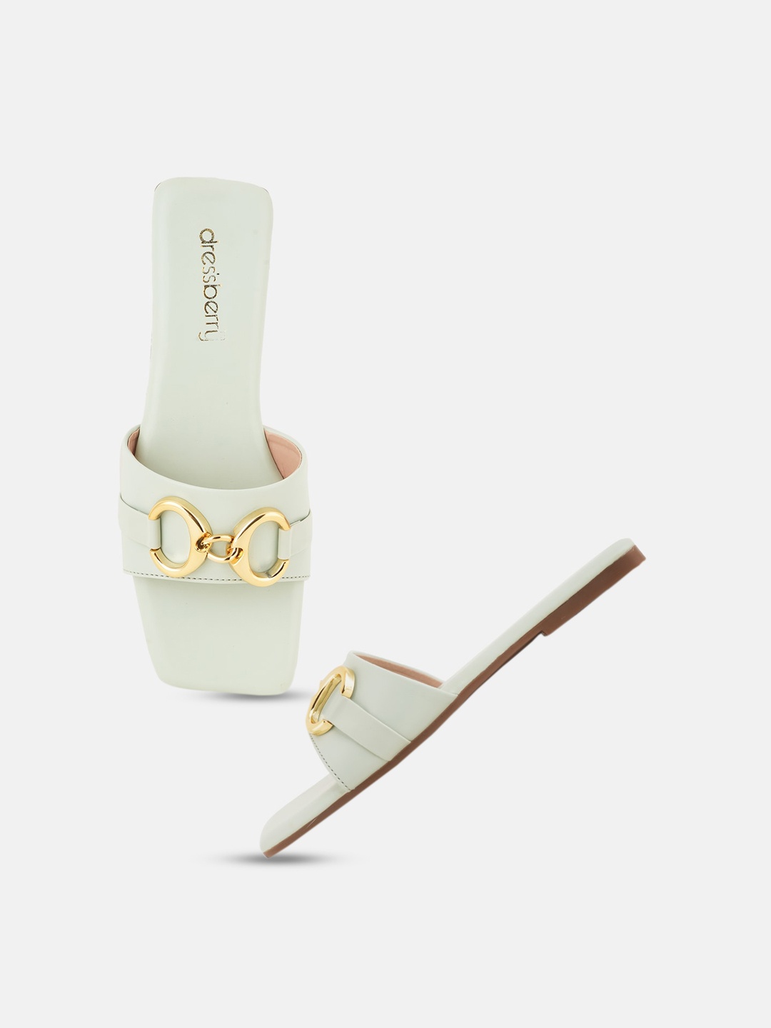 

DressBerry Buckle Embellished Open Toe Flats, Sea green