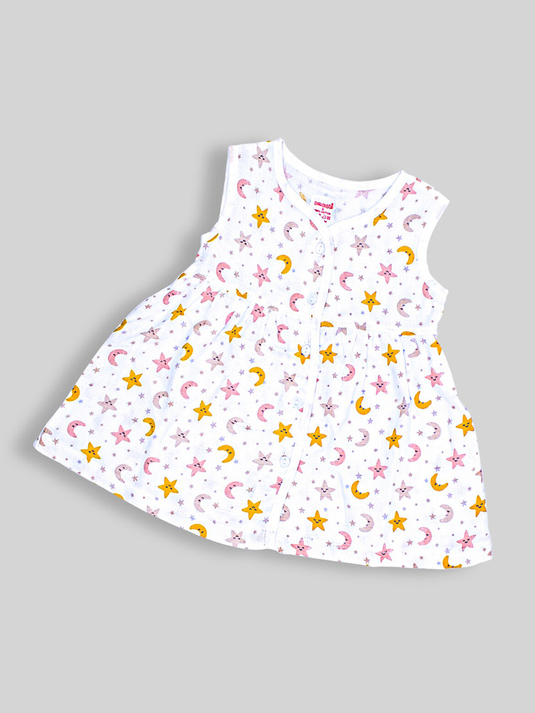 

Born Babies Infant Girls Conversational Printed V-Neck Gathered Cotton A-Line Dress, White