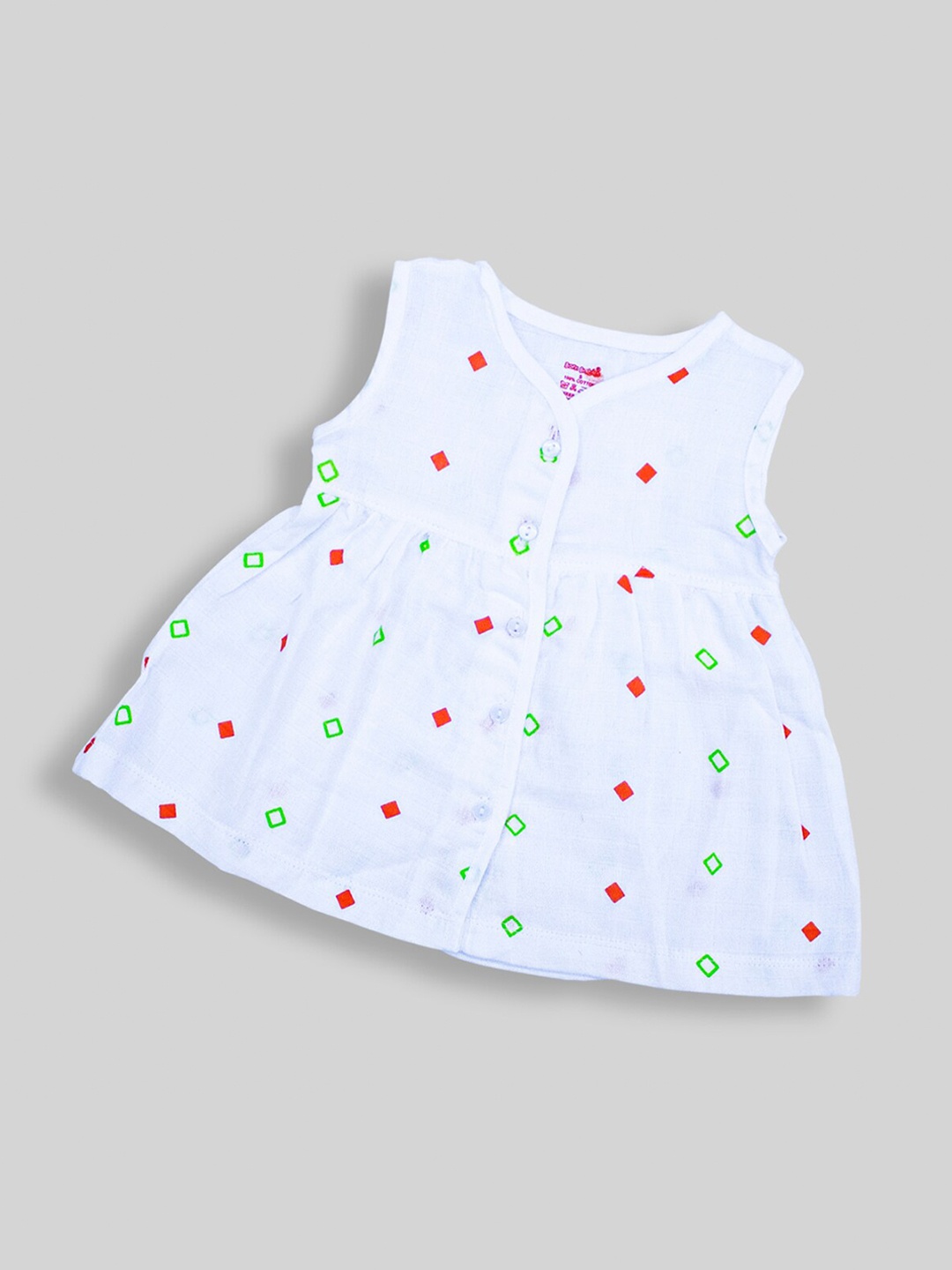 

Born Babies Infant Girls Conversational Printed V-Neck Gathered Cotton A-Line Dress, White