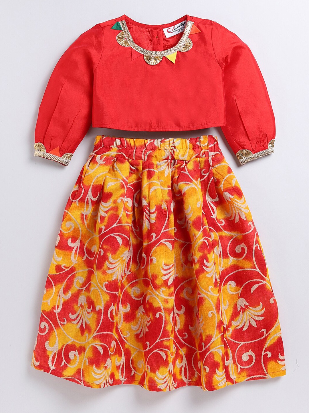 

M'andy Girls Embroidered Gotta Patti Ready to Wear Lehenga & Blouse, Red