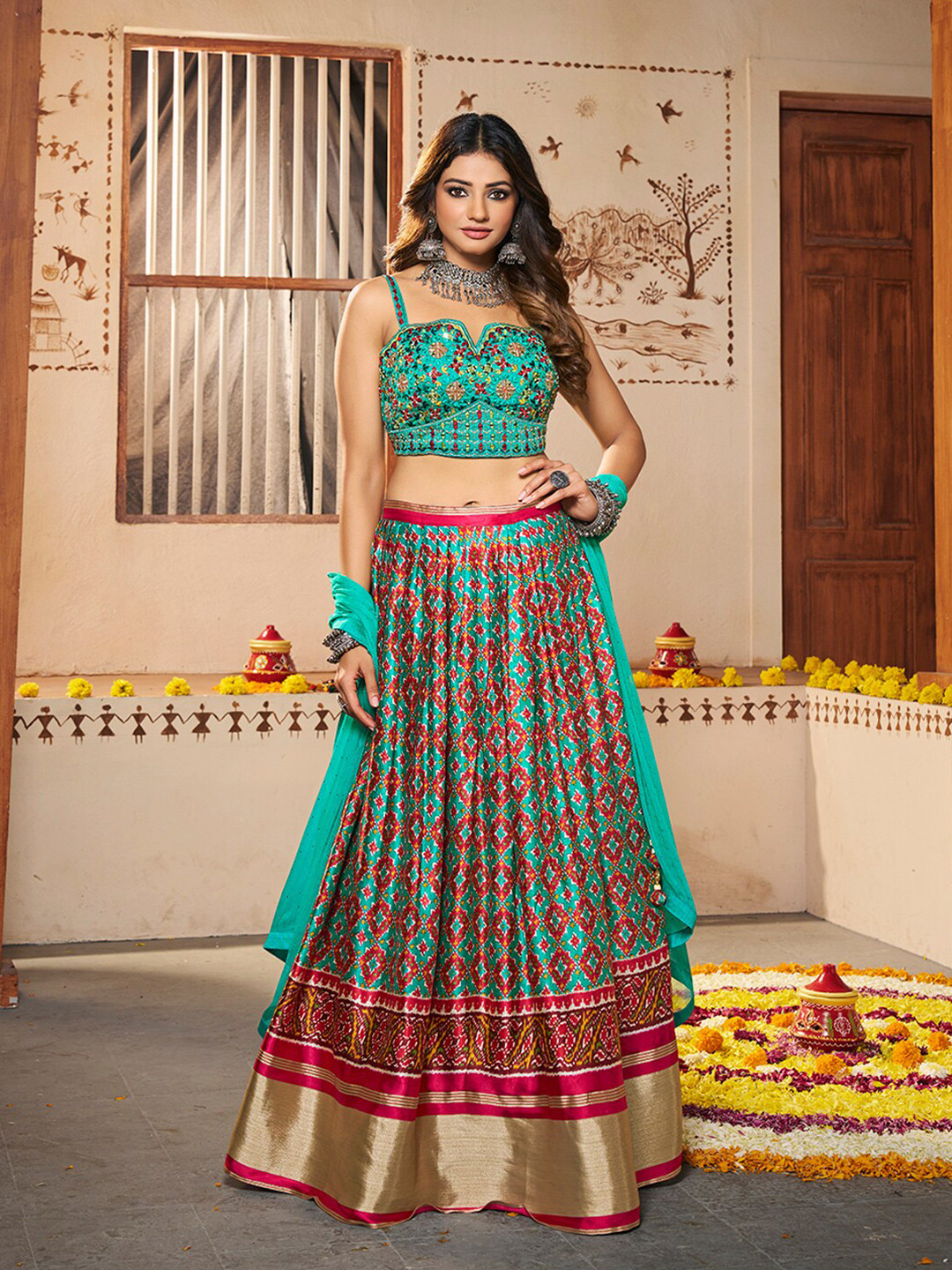 

Fusionic Blue & Red Embroidered Mirror Work Ready to Wear Silk Lehenga Choli With Dupatta