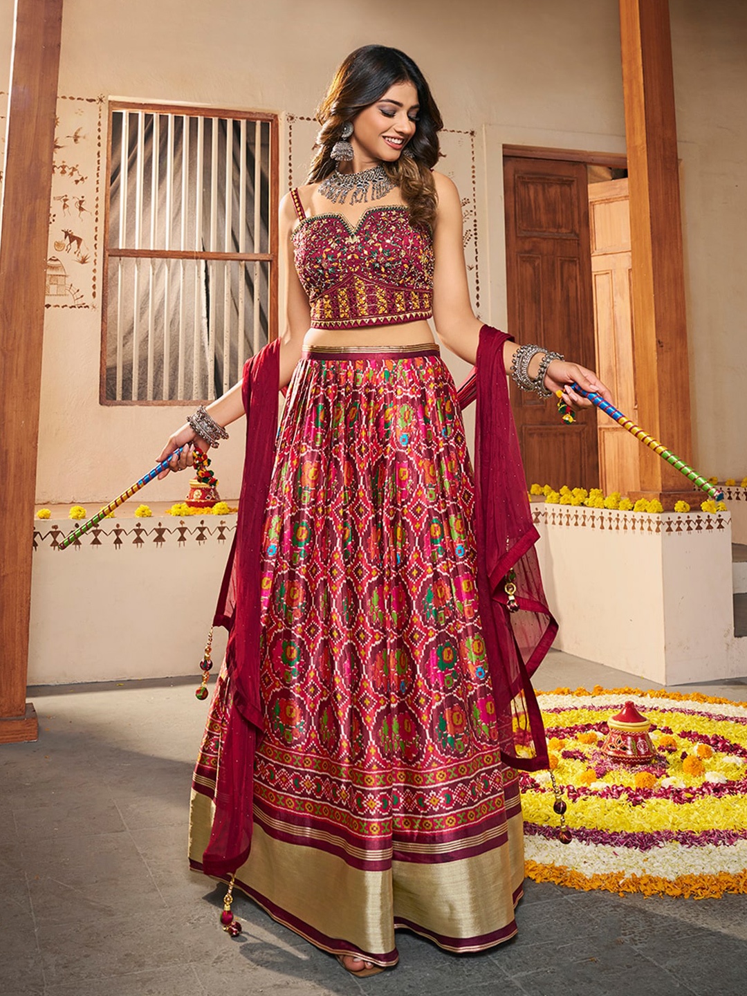 

Fusionic Ethnic Motifs Printed Ready to Wear Lehenga & Blouse With Dupatta, Red