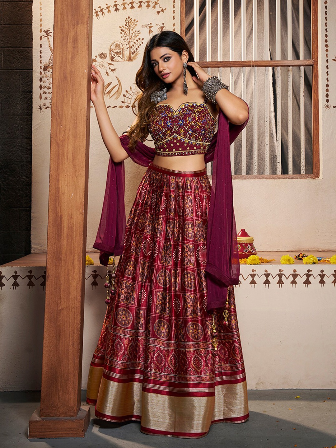 

Fusionic Embroidered Mirror Work Ready to Wear Lehenga & Blouse With Dupatta, Red
