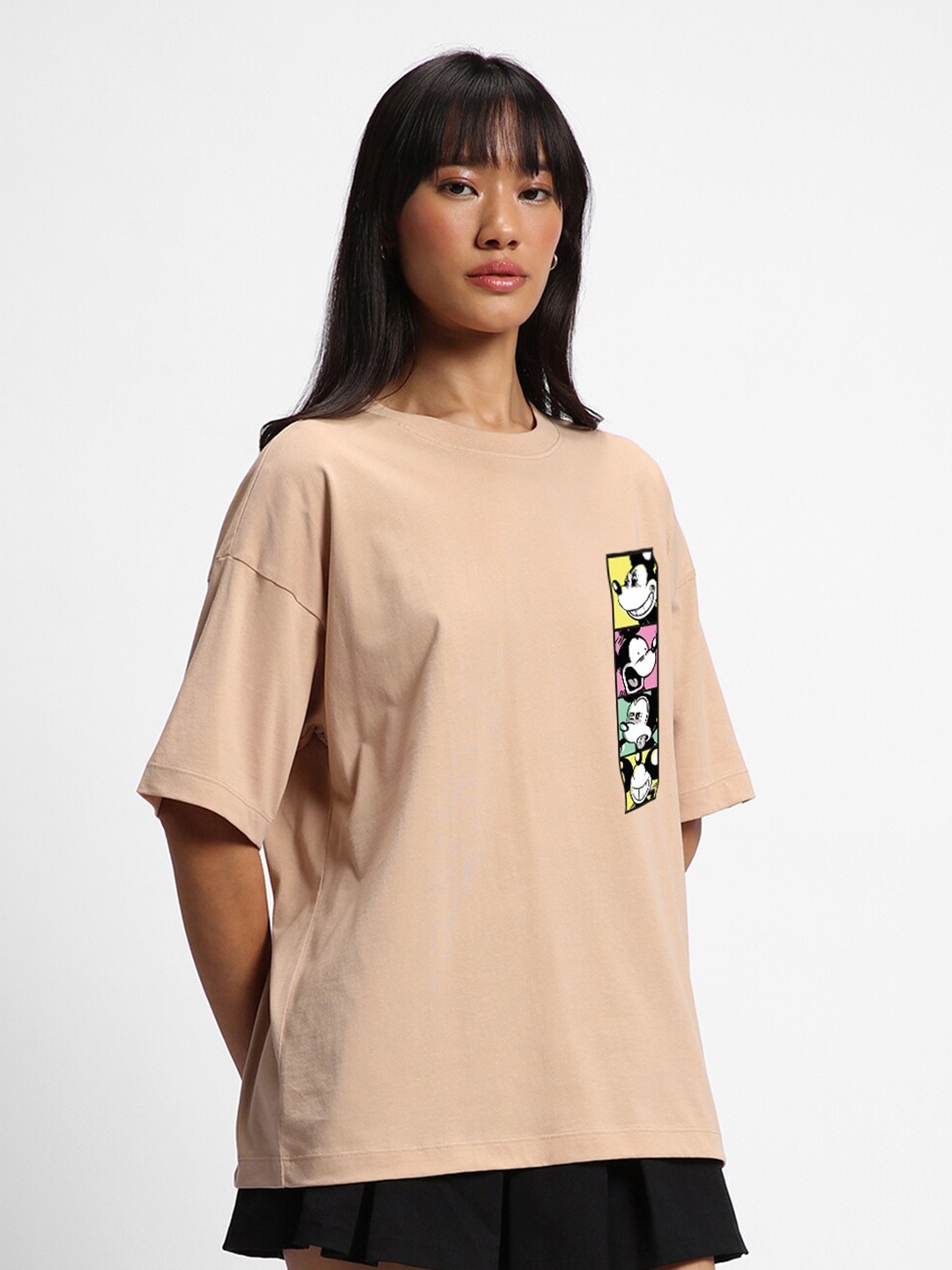 

Bewakoof Brown Mickey Mouse Printed Drop-Shoulder Sleeves Oversized Cotton T-shirt