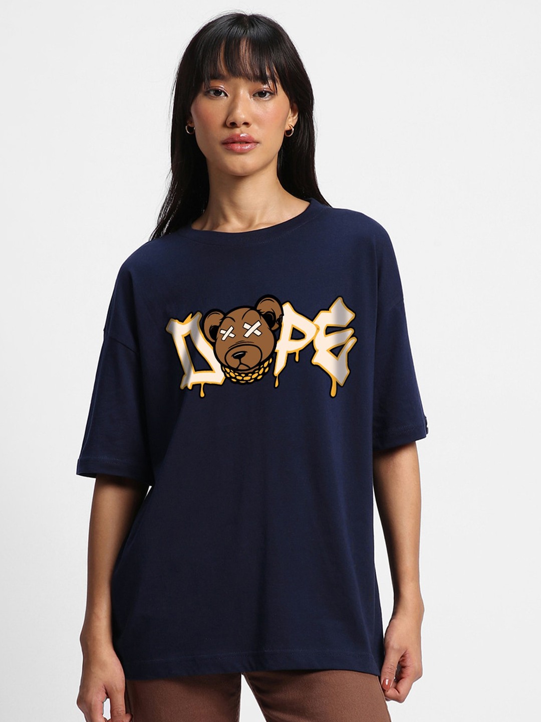 

Bewakoof Typography Printed Drop-Shoulder Sleeves Cotton Longline Oversized T-Shirt, Blue