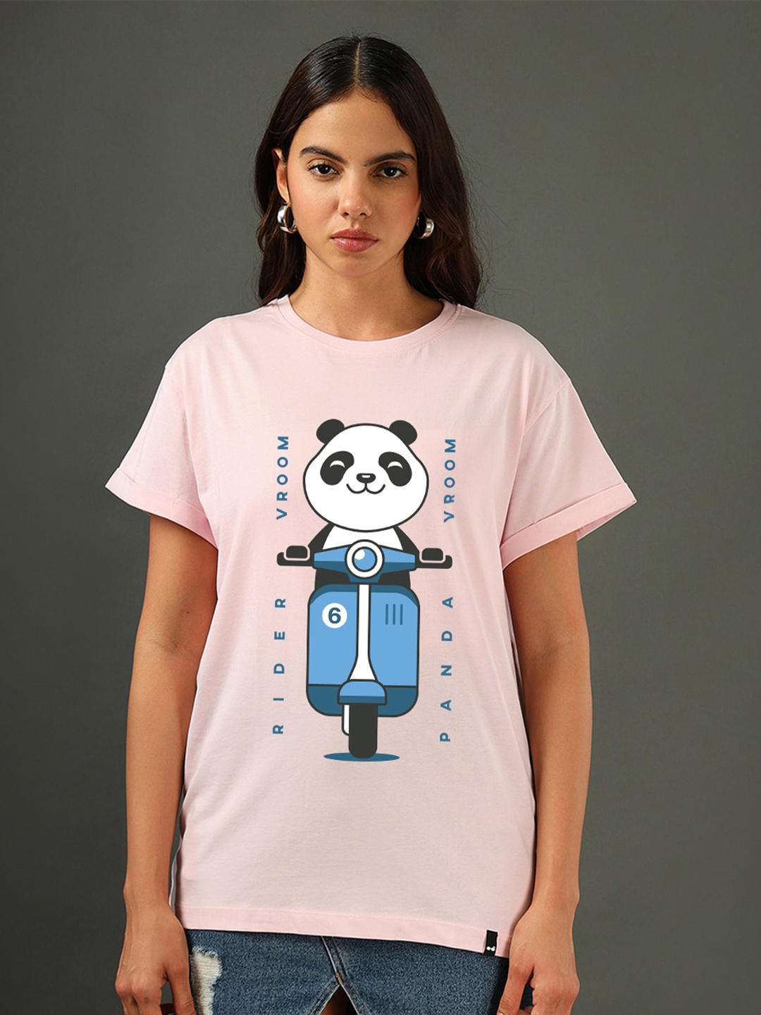 

Bewakoof Panda Graphic Printed Drop-Shoulder Sleeves Cotton Relaxed Fit T-shirt, Pink