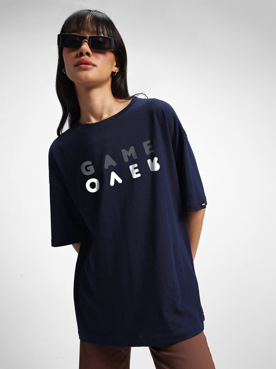 

Bewakoof Typography Printed Drop-Shoulder Sleeves Oversized Cotton T-shirt, Blue