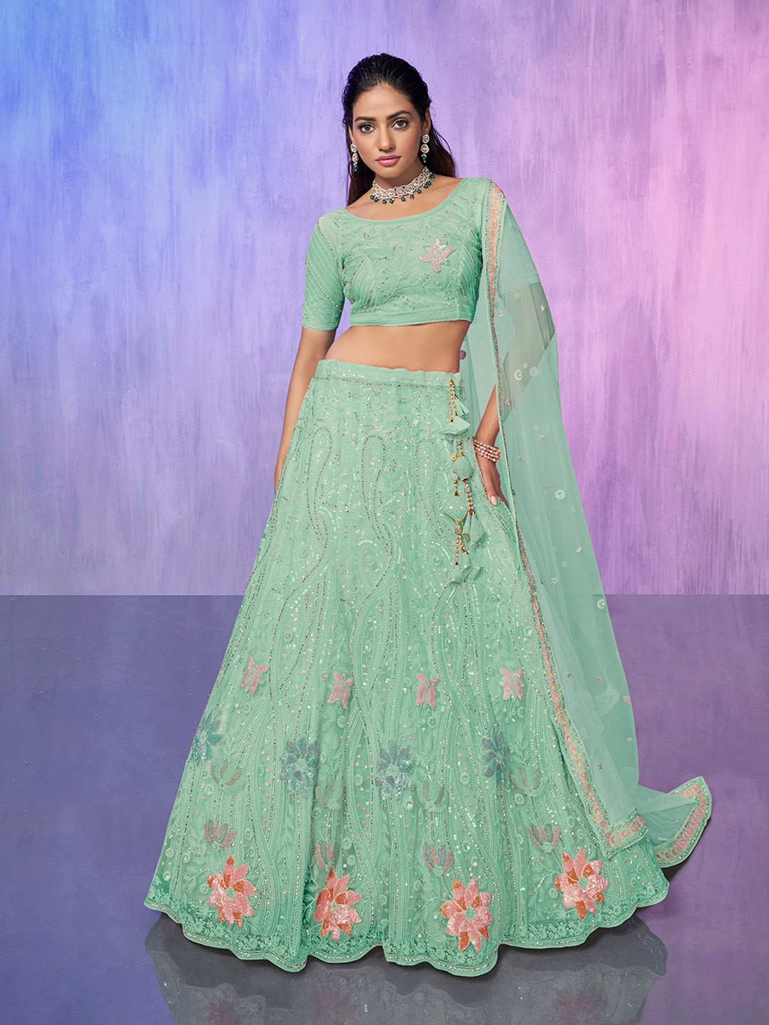 

Fusionic Embroidered Sequinned Semi-Stitched Lehenga Choli With Dupatta, Blue