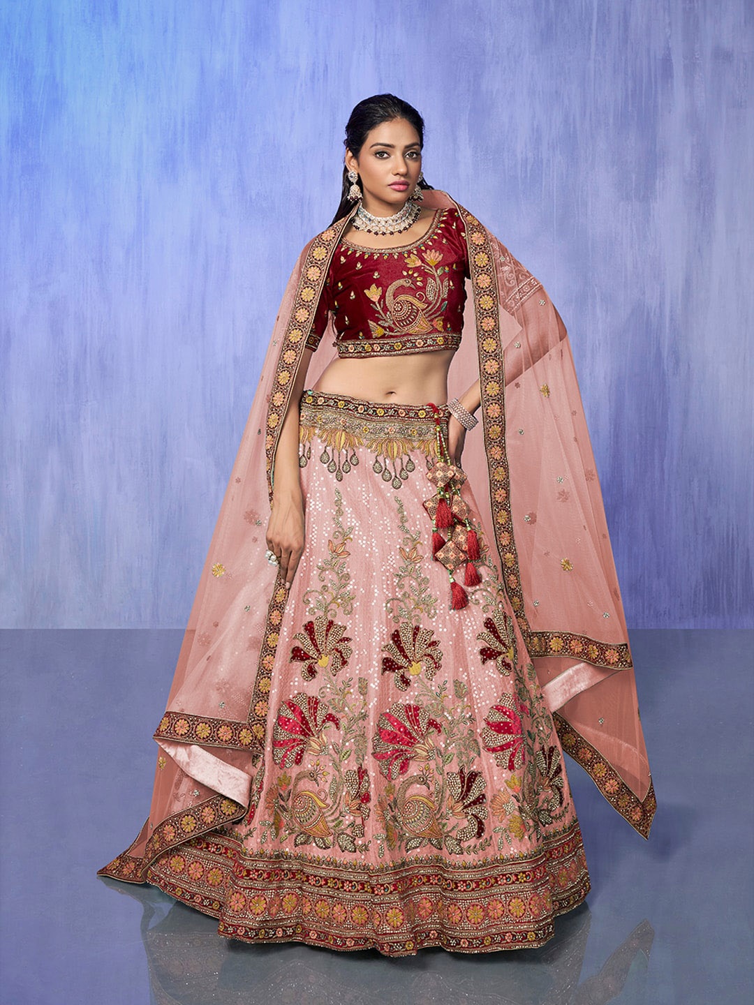 

Fusionic Embroidered Sequined Semi-Stitched Lehenga & Unstitched Blouse With Dupatta, Peach