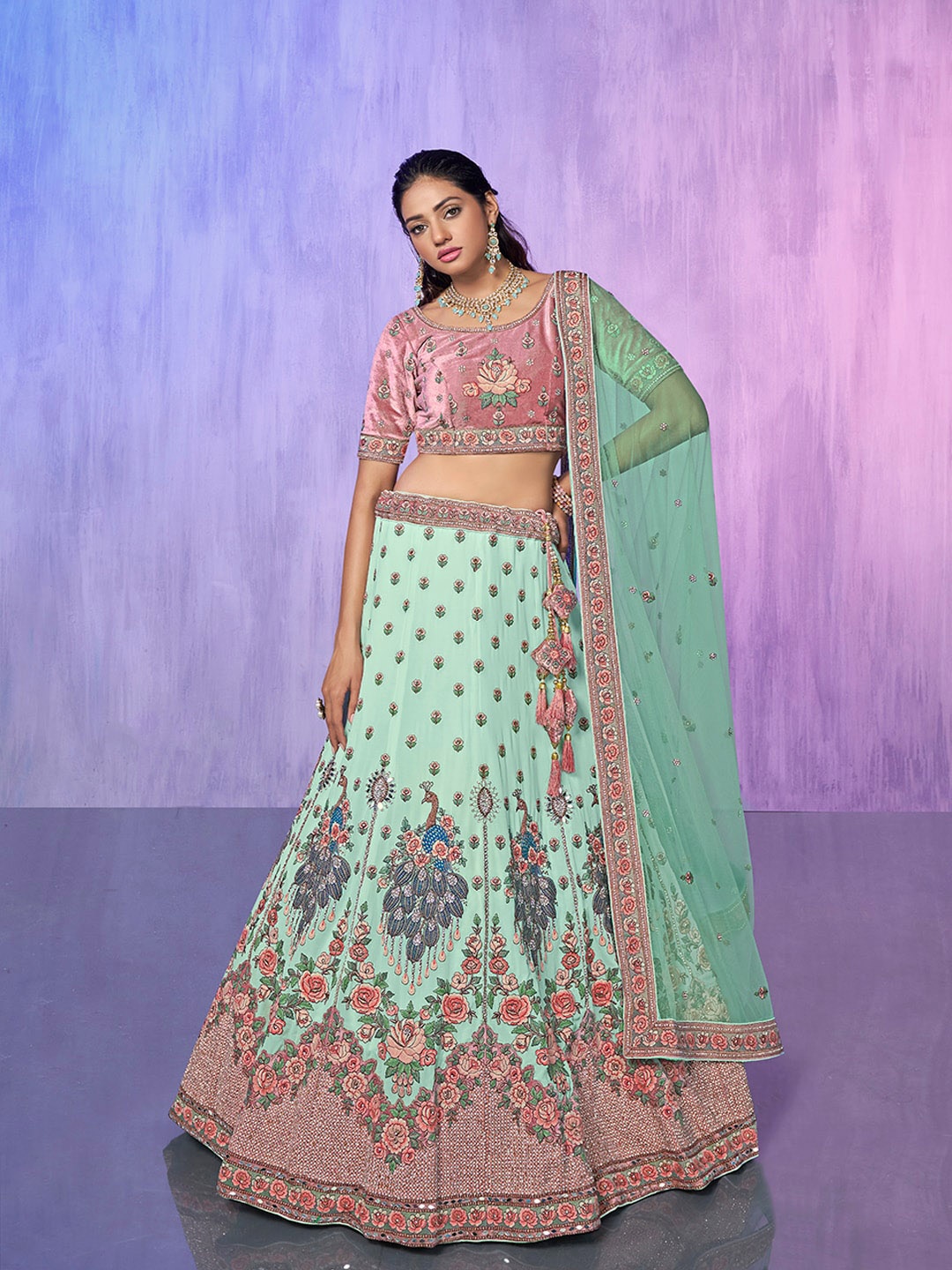 

Fusionic Embroidered Thread Work Semi-Stitched Lehenga & Unstitched Blouse With Dupatta, Blue