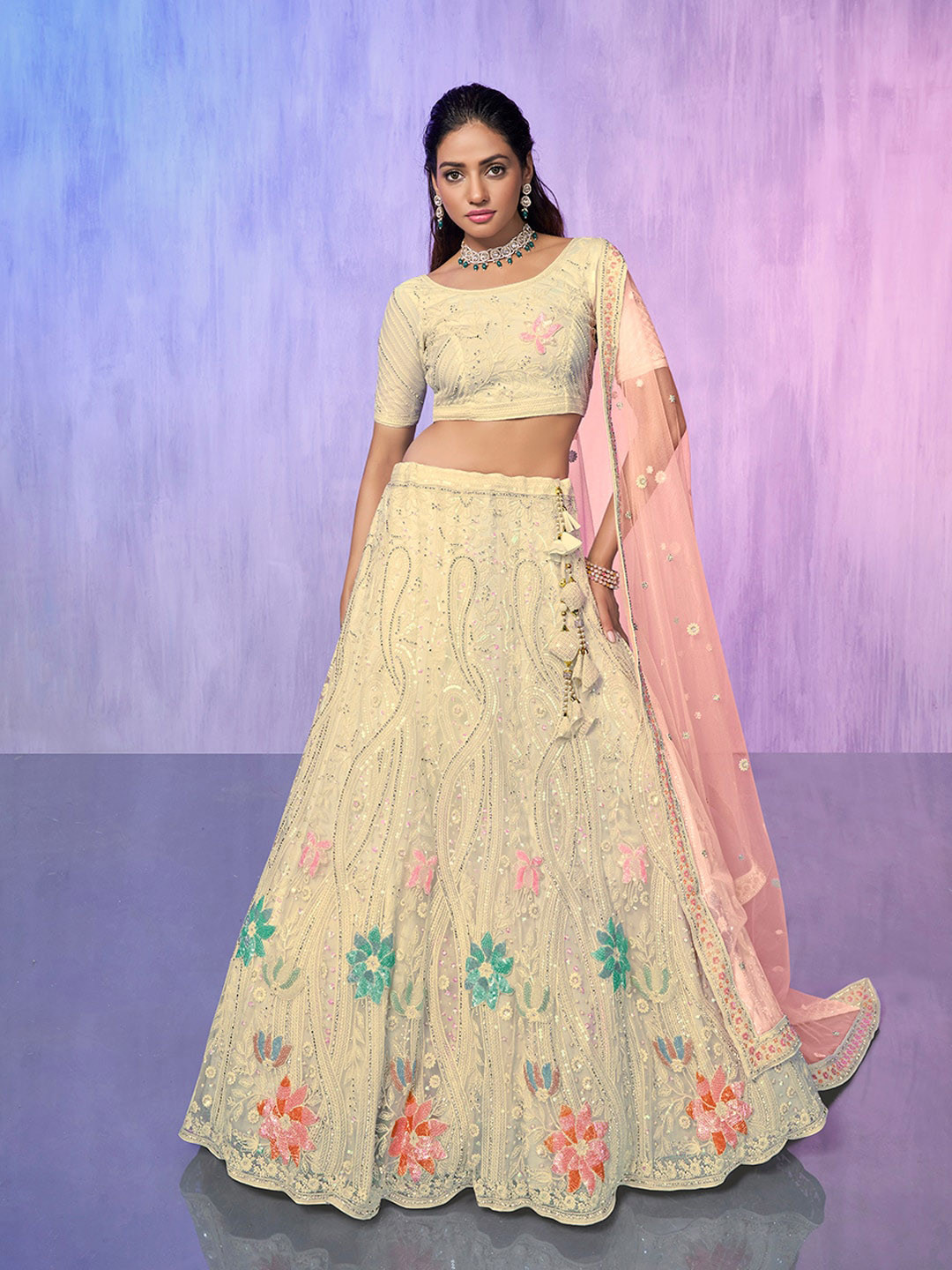 

Fusionic Embroidered Sequined Semi-Stitched Lehenga & Unstitched Blouse With Dupatta, Beige