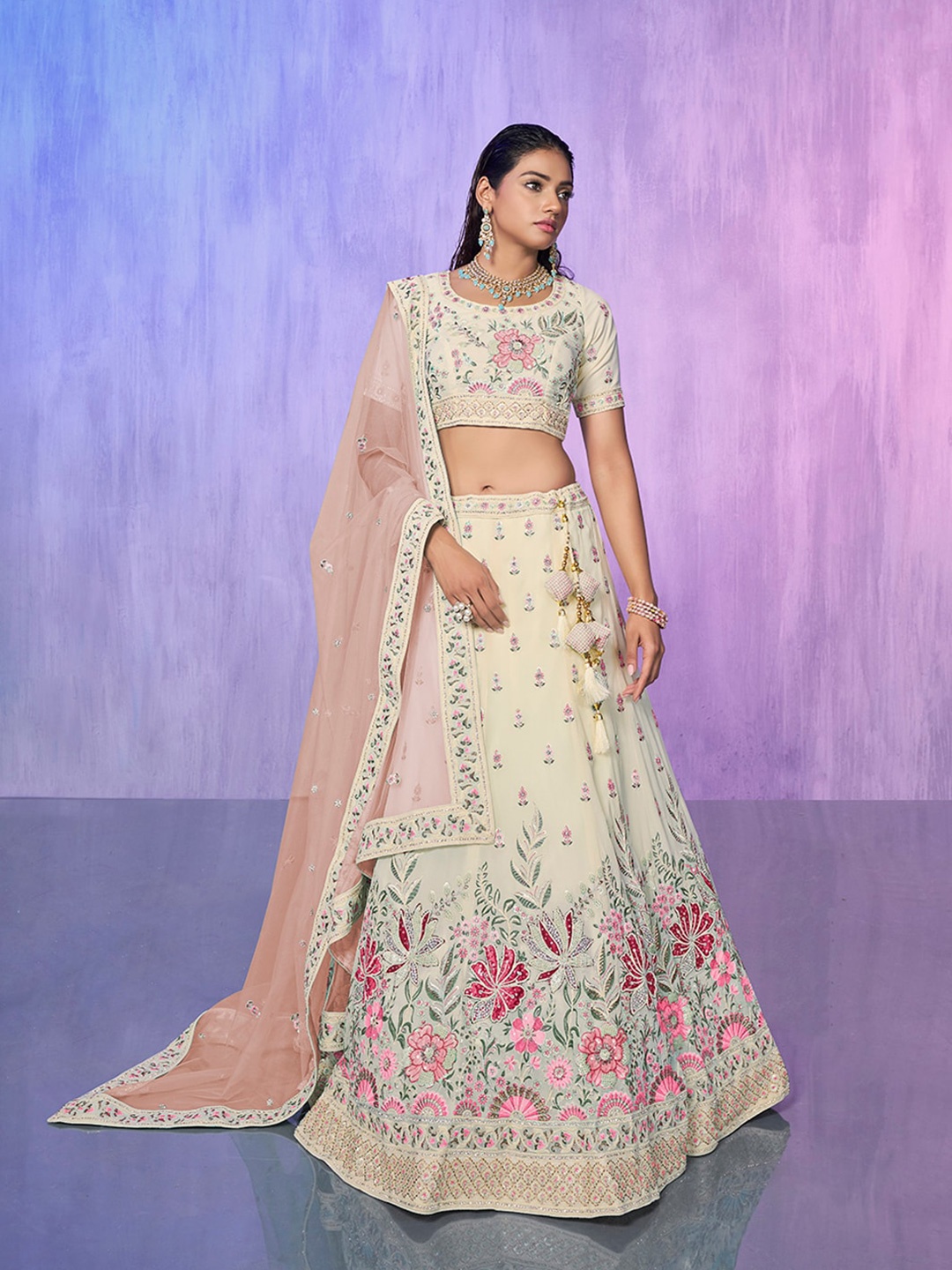 

Fusionic Embroidered Sequined Semi-Stitched Lehenga & Unstitched Blouse With Dupatta, Off white