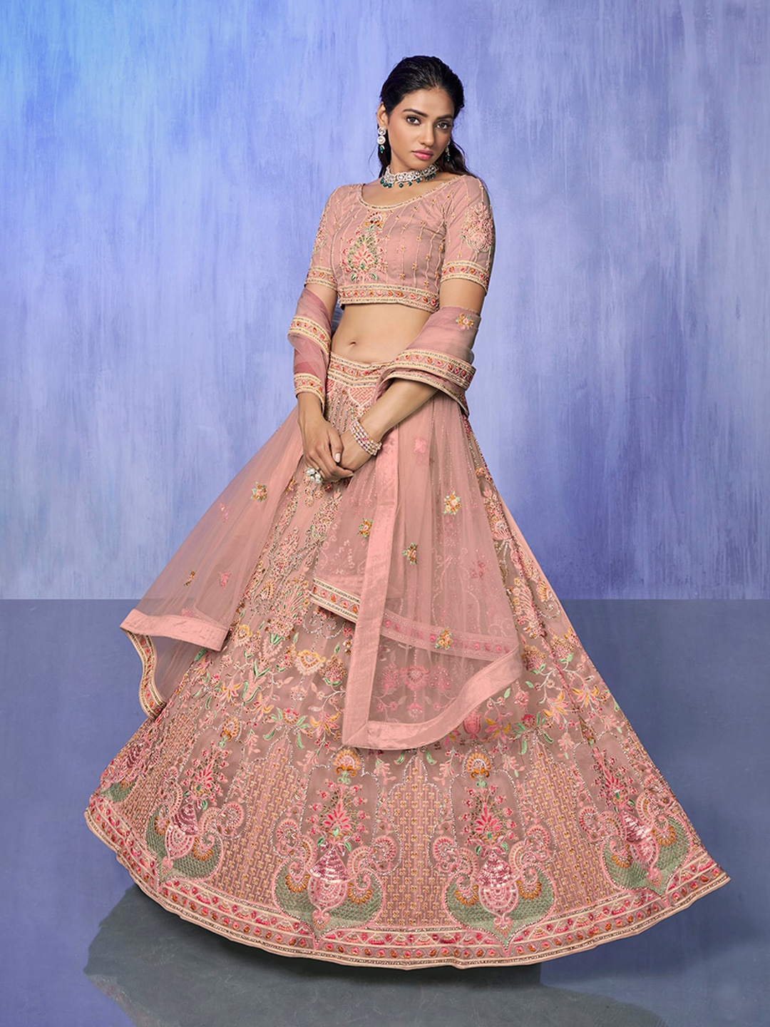 

Fusionic Embroidered Thread Work Semi-Stitched Lehenga & Unstitched Blouse With Dupatta, Peach