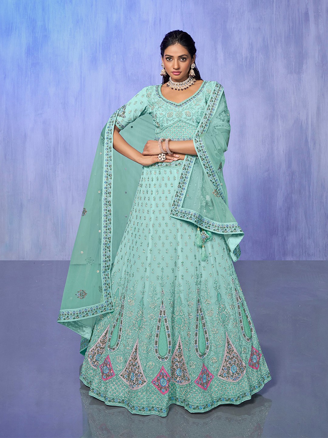 

Fusionic Embroidered Thread Work Semi-Stitched Lehenga Choli With Dupatta, Blue