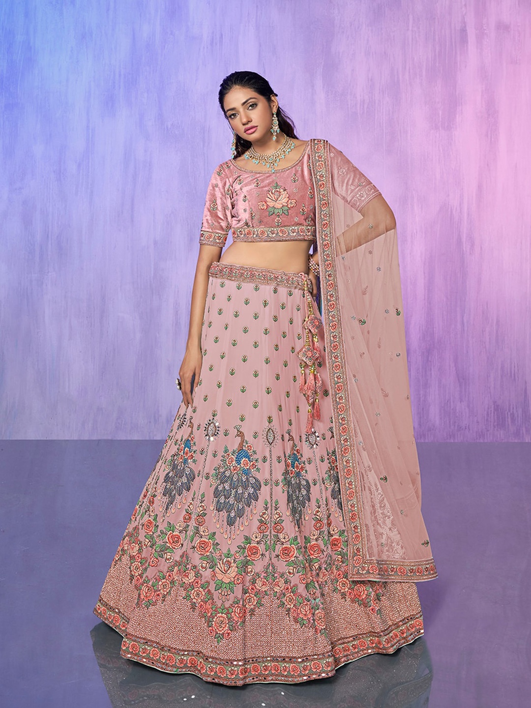 

Fusionic Embroidered Sequined Semi-Stitched Lehenga & Unstitched Blouse With, Peach