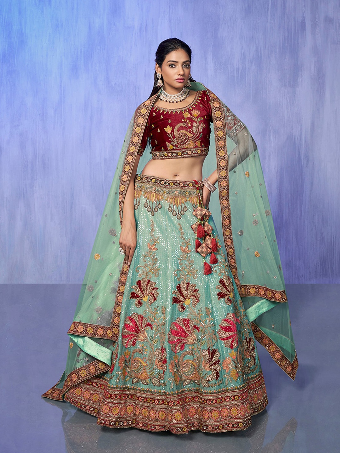 

Fusionic Embroidered Sequined Semi-Stitched Lehenga & Unstitched Blouse With Dupatta, Turquoise blue