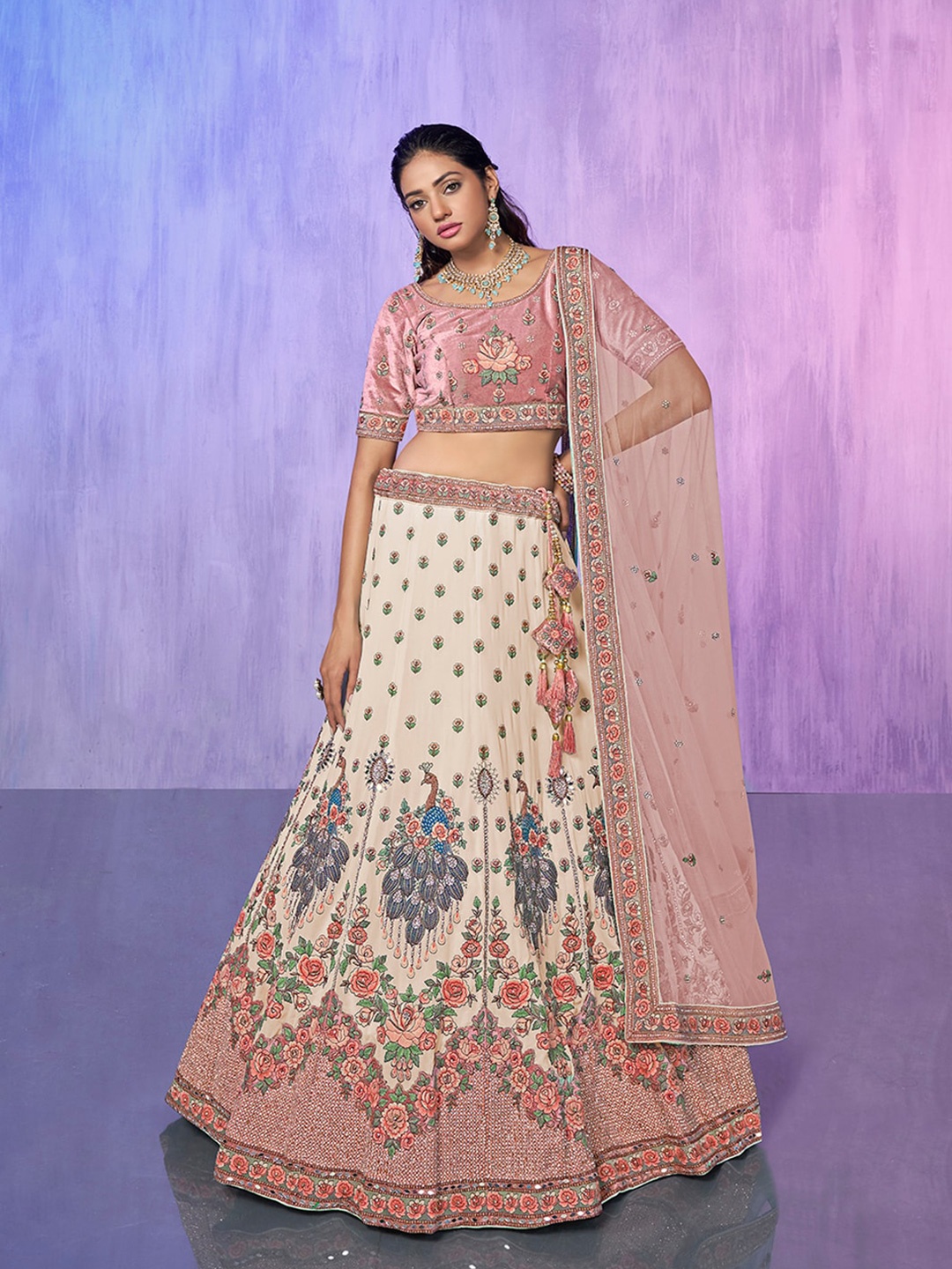 

Fusionic Embroidered Sequined Semi-Stitched Lehenga & Unstitched Blouse With Dupatta, White