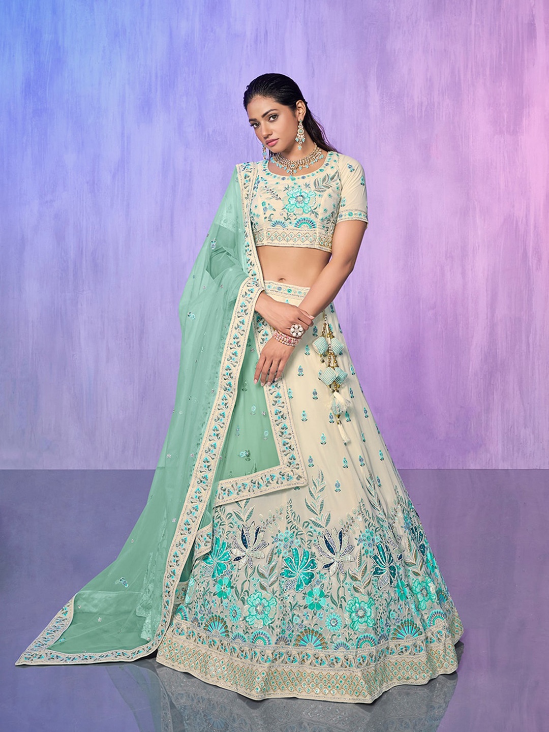 

Fusionic Embroidered Sequinned Semi-Stitched Lehenga Choli With Dupatta, White