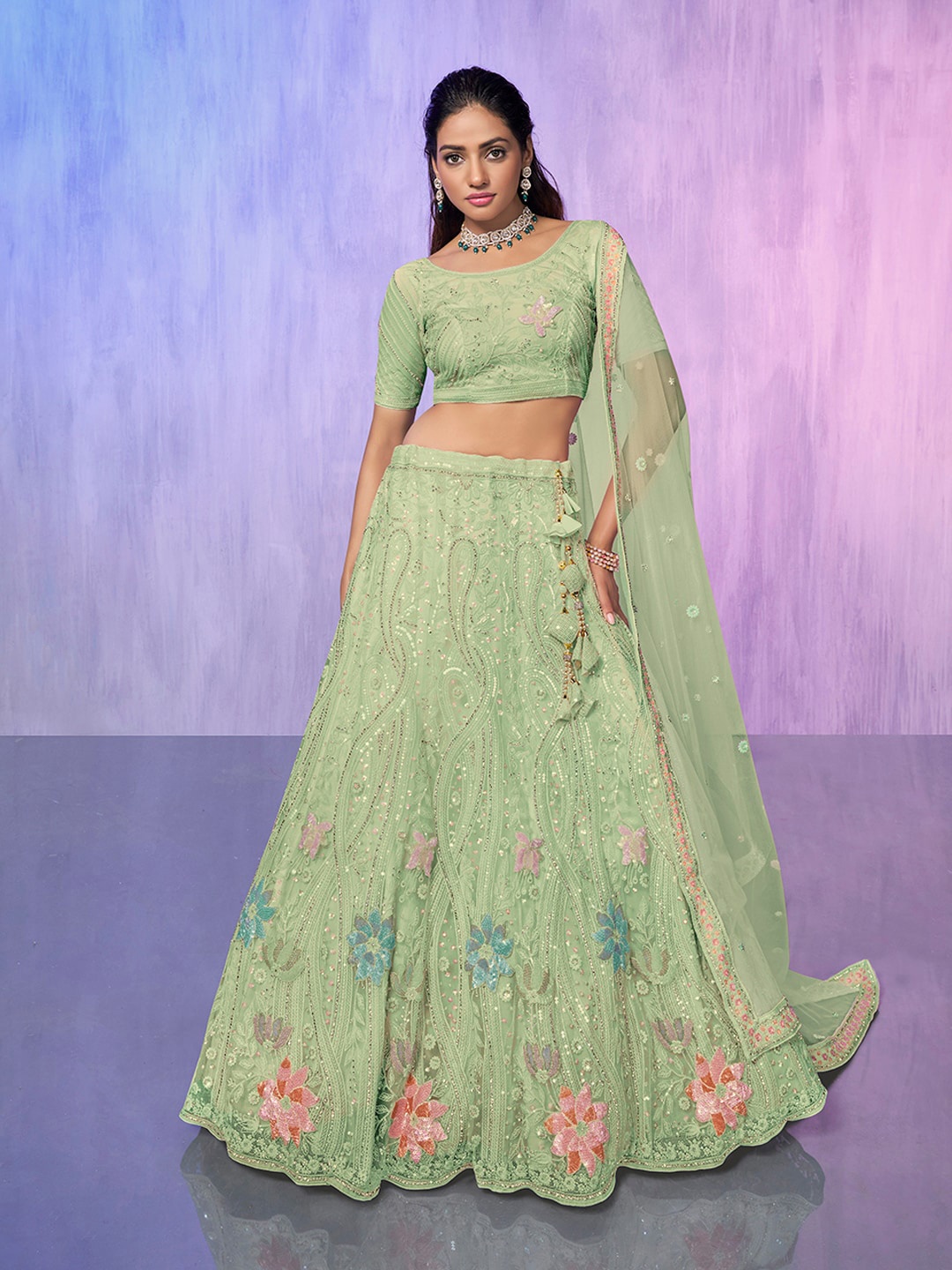 

Fusionic Embroidered Sequinned Semi-Stitched Lehenga Choli With Dupatta, Sea green