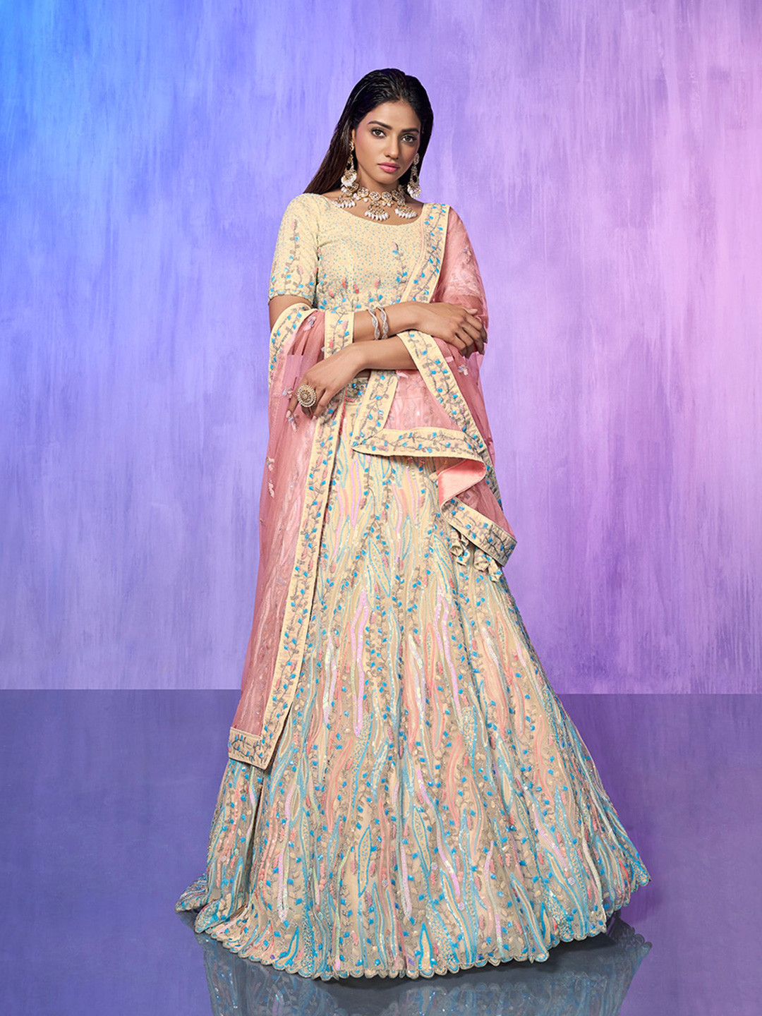 

Fusionic Embroidered Sequinned Semi-Stitched Lehenga Choli With Dupatta, Off white