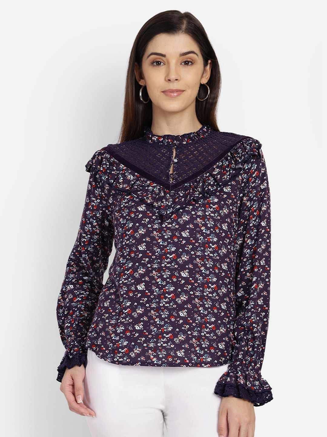 

Yaadleen Floral Printed Mock Neck Cotton Regular Top, Navy blue