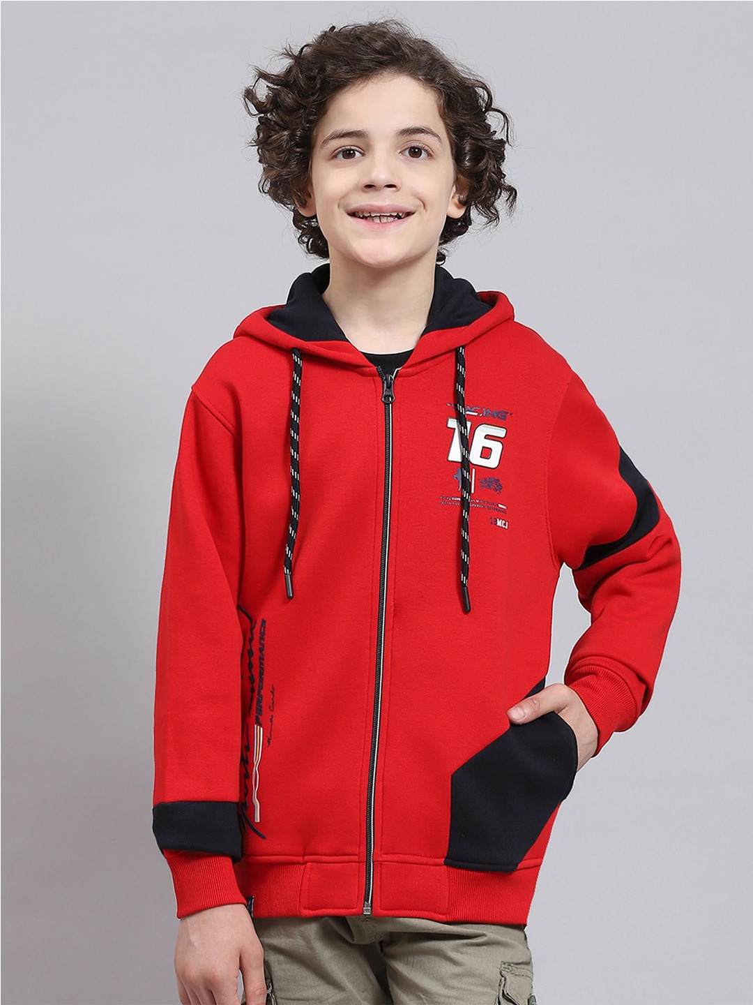 

Monte Carlo Boys Typography Printed Hooded Front-Open Sweatshirt, Red