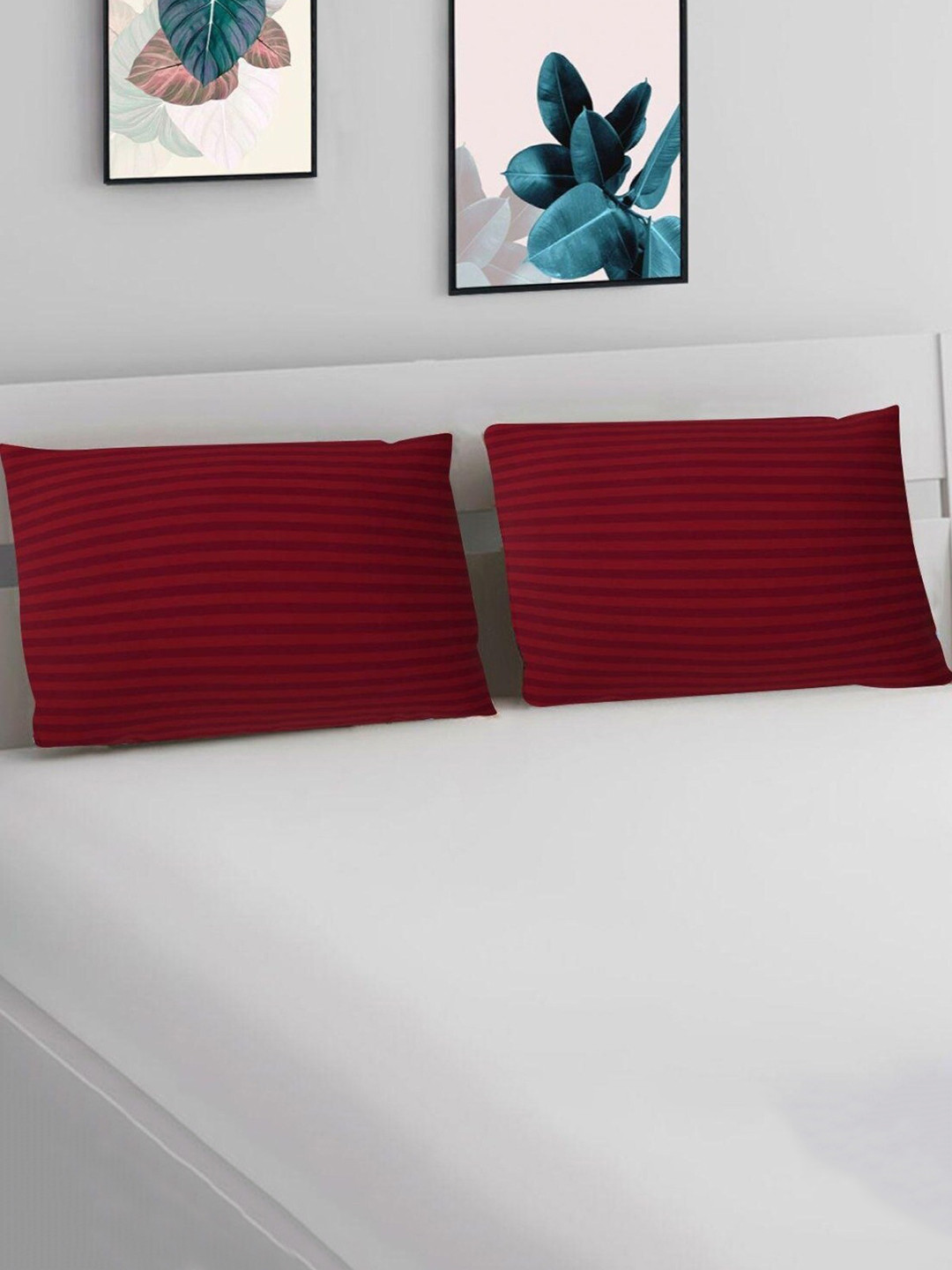 

HOMETALES 2 Pcs Maroon Striped Pillow Covers