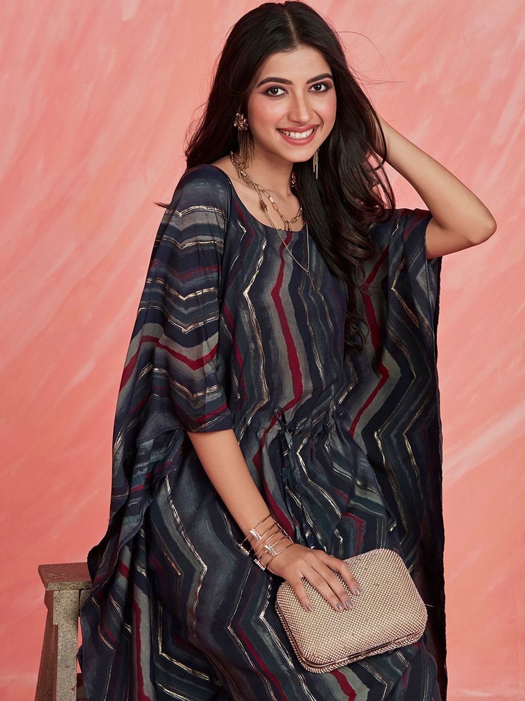

Sangria Foil-Printed Kaftan Kurta With Trouser, Grey