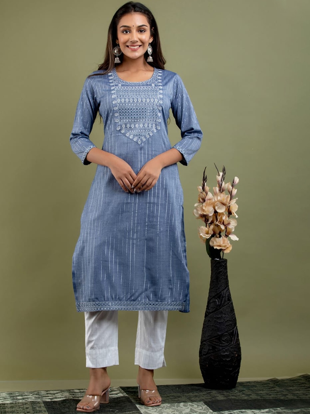 

KALINI Striped Regular Mirror Work Kurta with Trousers, Blue