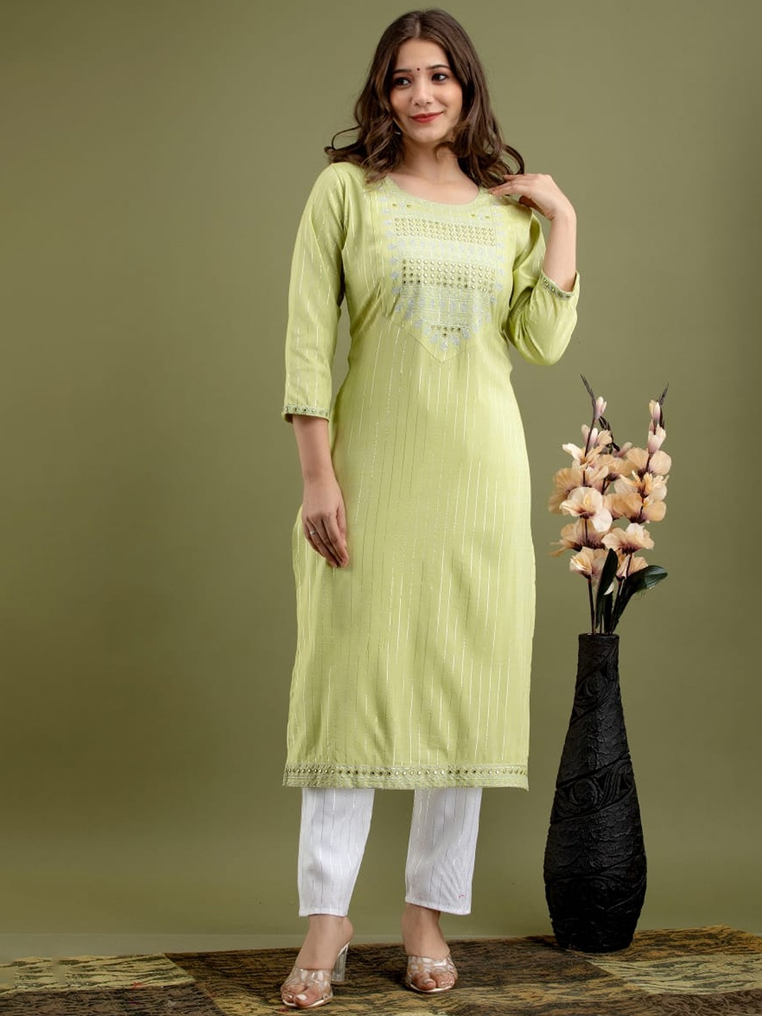 

KALINI Striped Regular Mirror Work Kurta with Trousers, Yellow