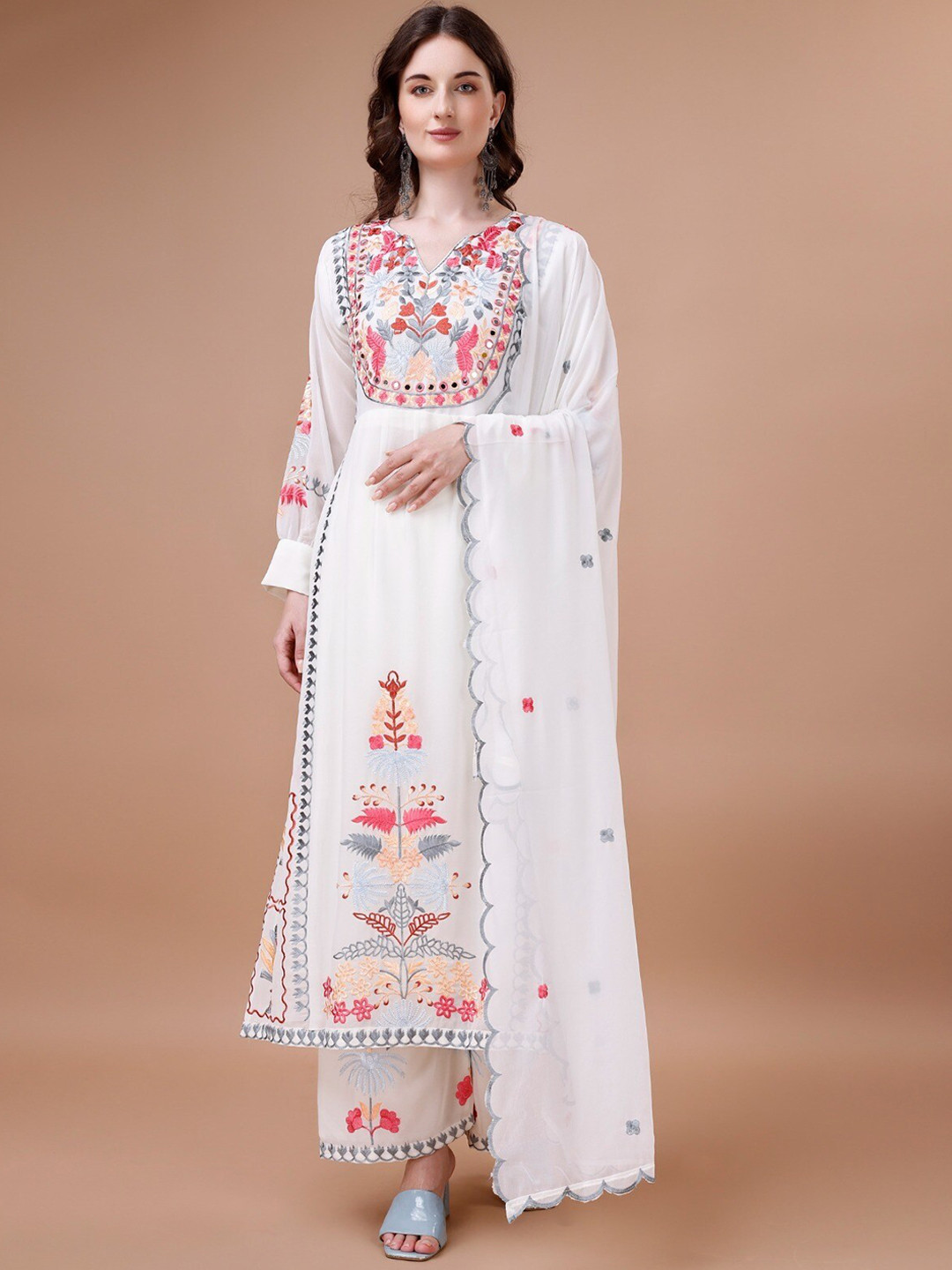 

WORIVOC Floral Embroidered Regular Mirror Work Kurta with Palazzos & Dupatta, White