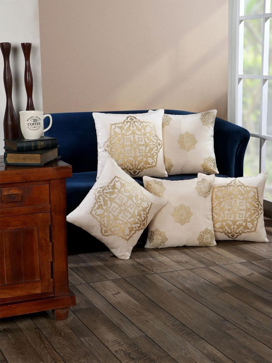 

HOMETALES Cream-Coloured & Gold-Toned 5 Pieces Ethnic Motifs Printed Square Cushion Covers