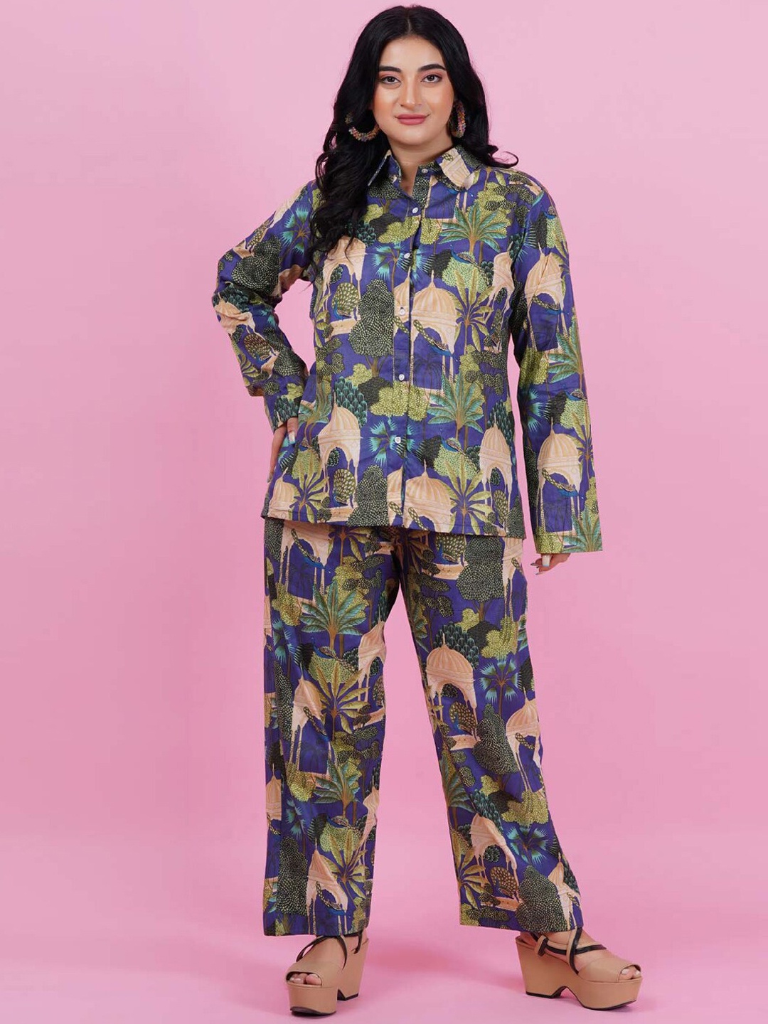 

LastInch Printed Pure Cotton Shirt With Palazzos, Green