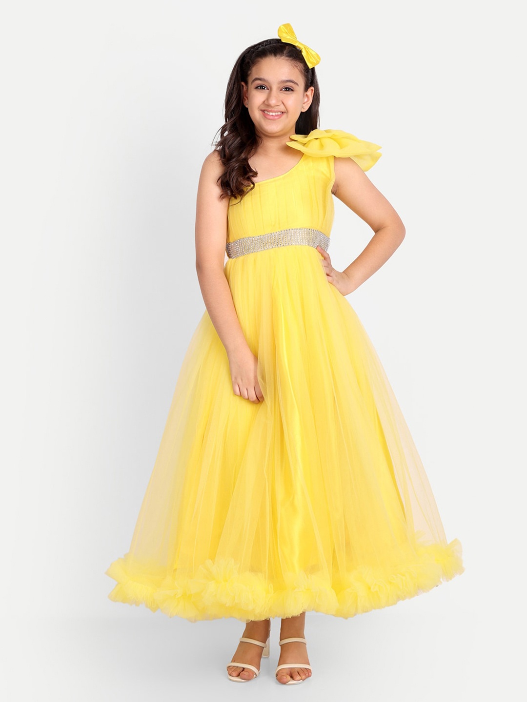 

TILISM Girls Sequin Embellished One Shoulder Net Maxi Dress, Yellow