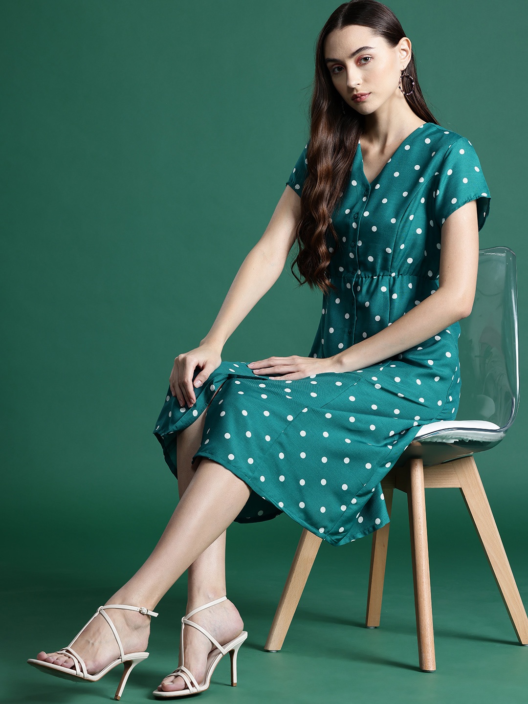 

DressBerry Polka Dot Print Crepe A-Line Midi Dress, Green