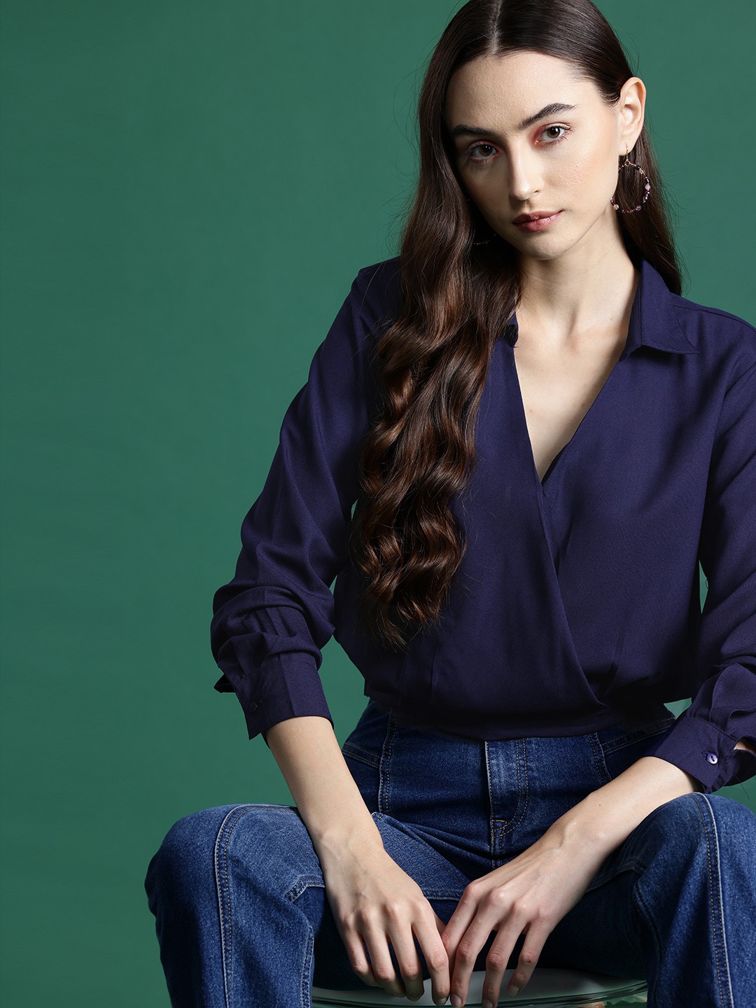 

DressBerry Indigo Crepe Crop Wrap Top, Navy blue