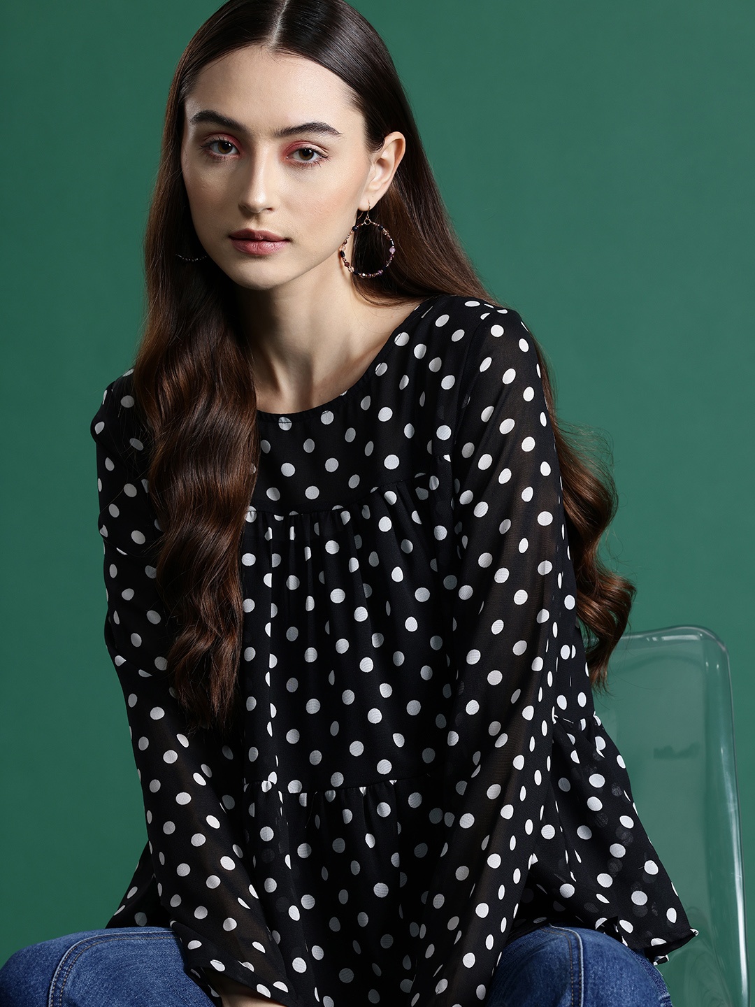 

DressBerry Polka Dot Print Crepe Top with Camisole, Black