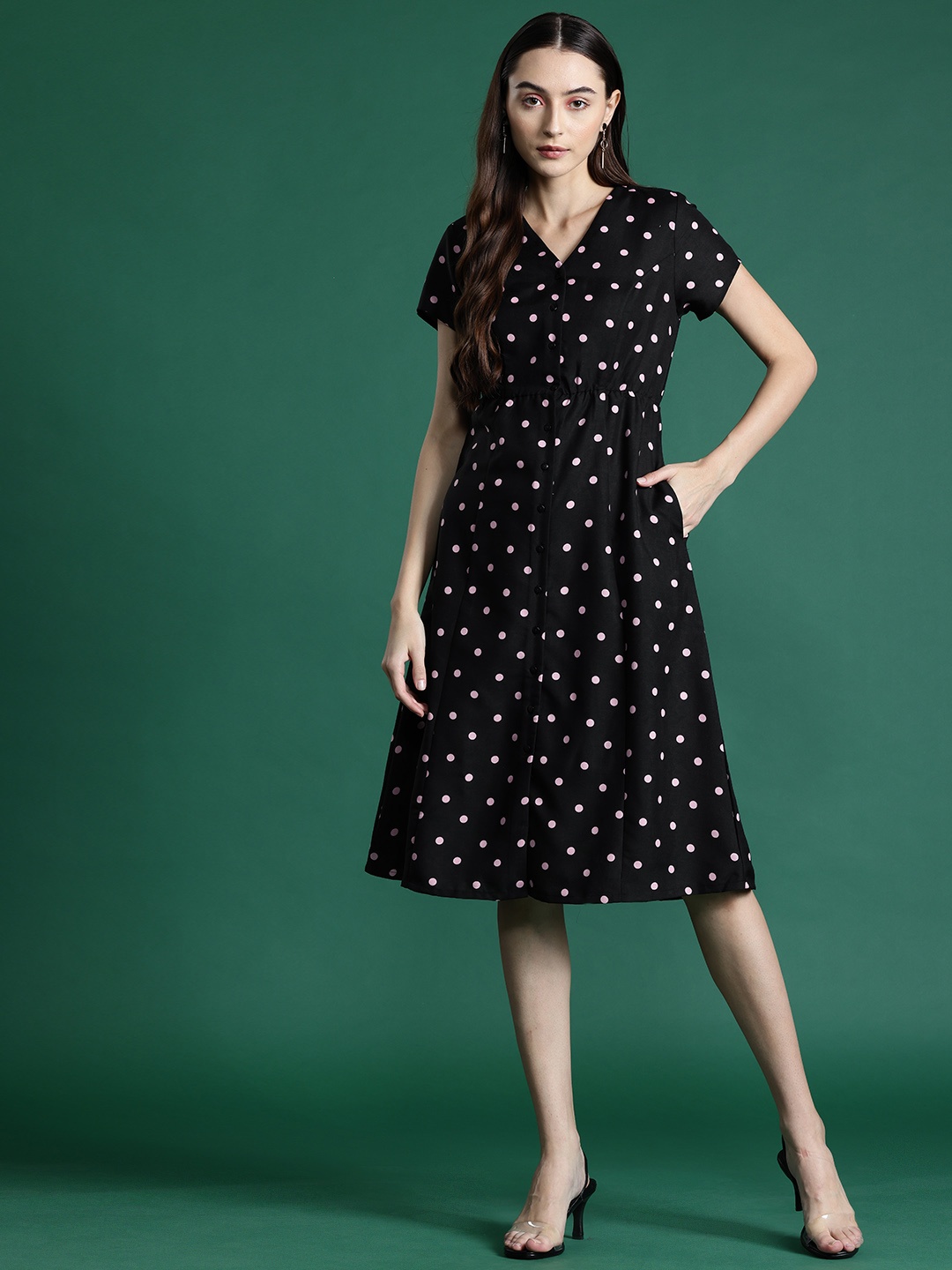 

DressBerry Polka Dot Print Crepe A-Line Midi Dress, Black