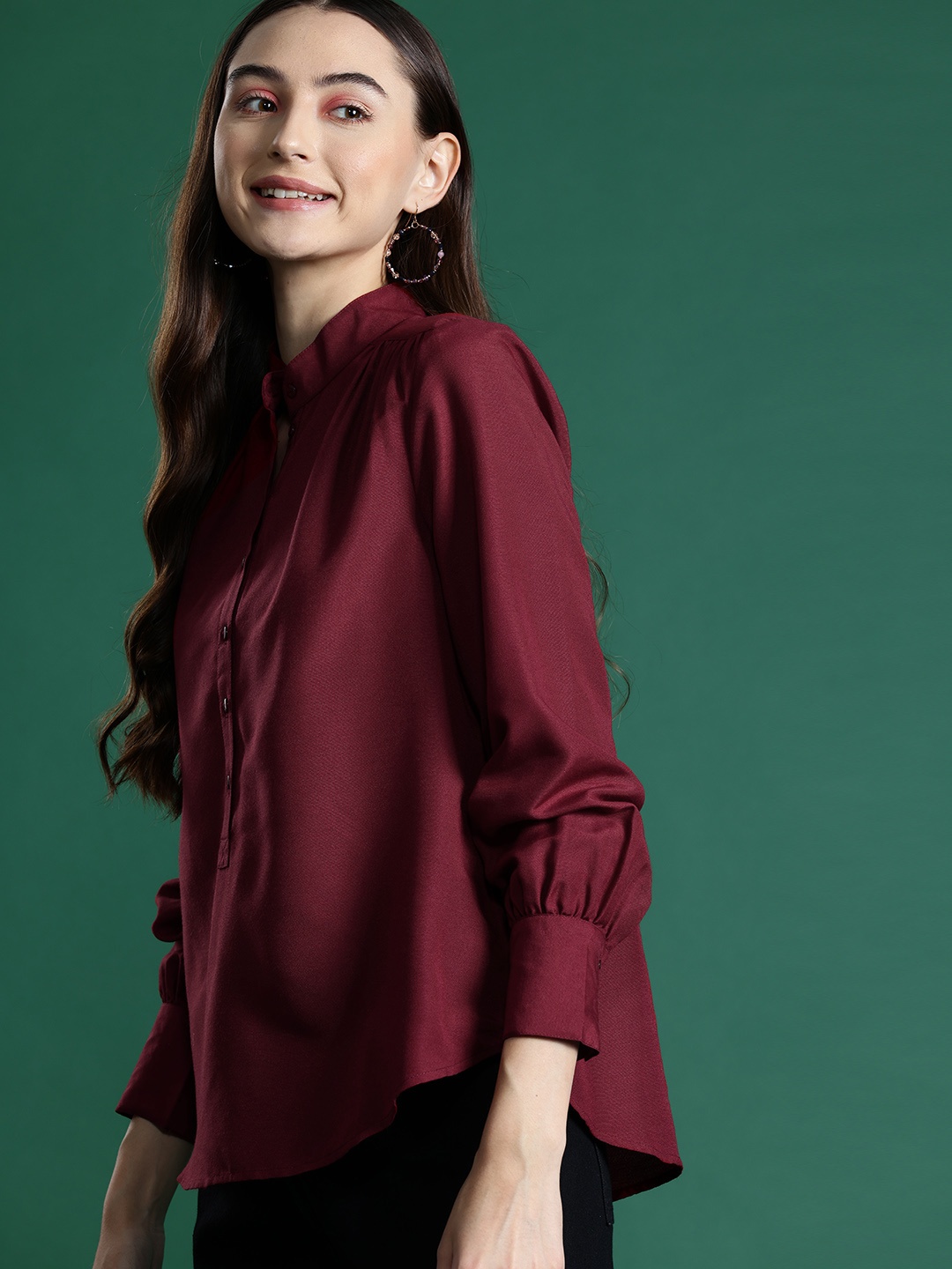

DressBerry Mandarin Collar Crepe Shirt Style Top, Maroon