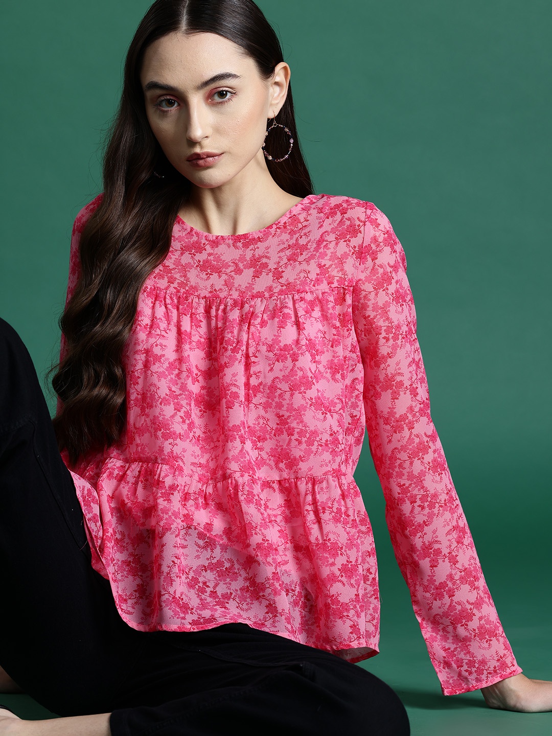

DressBerry Floral Print Crepe Top with Camisole, Pink