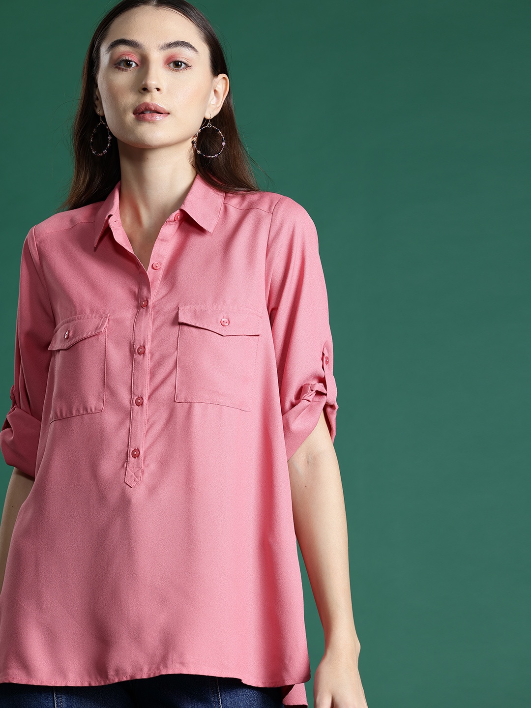 

DressBerry Roll-Up Sleeves Crepe Shirt Style Top, Pink