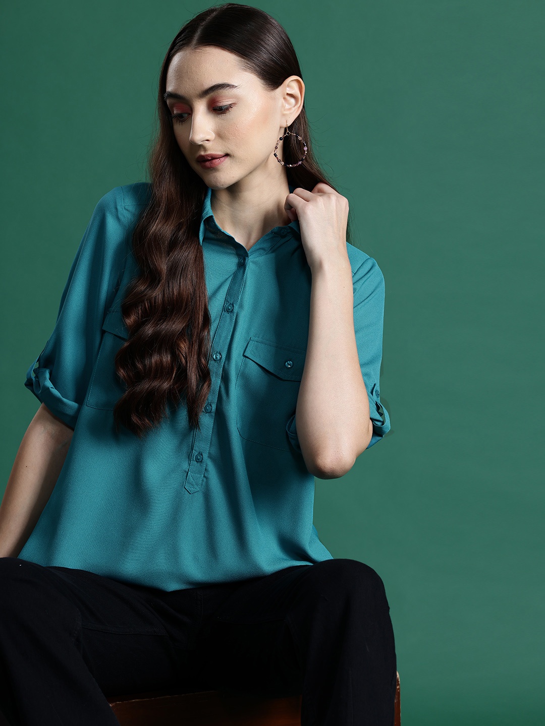 

DressBerry Roll-Up Sleeves Crepe Shirt Style Top, Turquoise blue