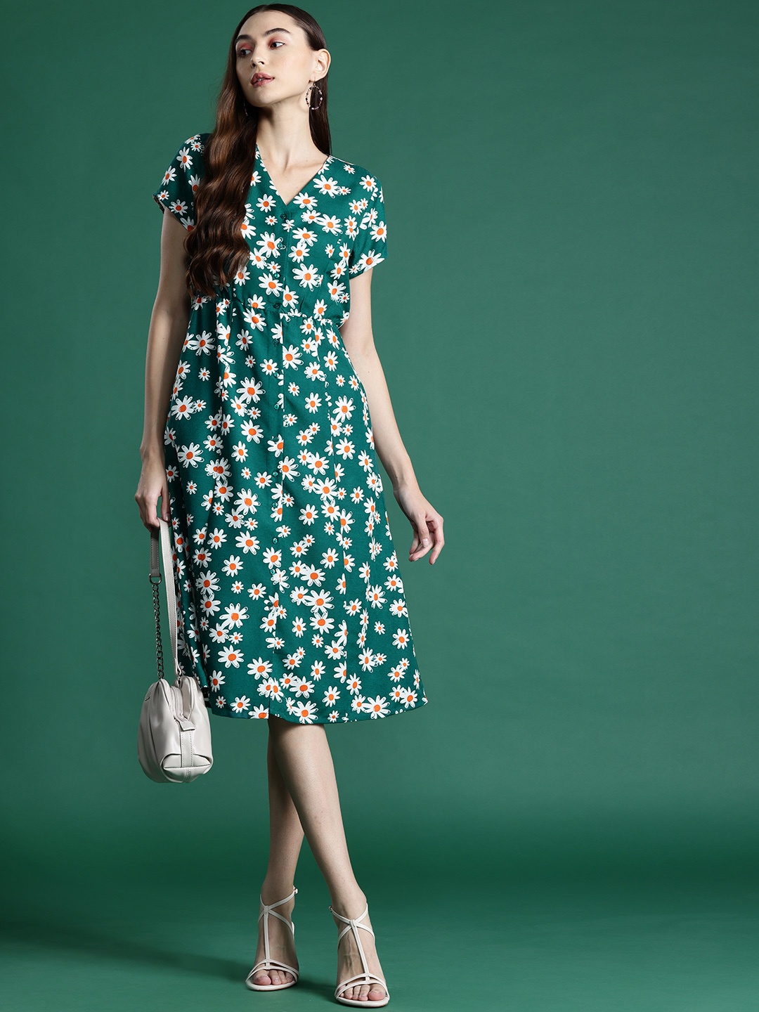 

DressBerry Floral Print Crepe A-Line Midi Dress, Green