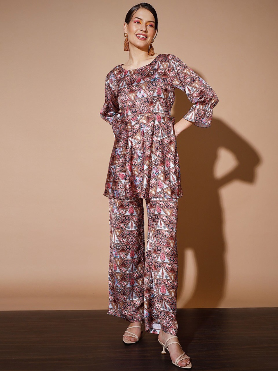 

KALINI Printed Round Neck Top & Trousers, Brown