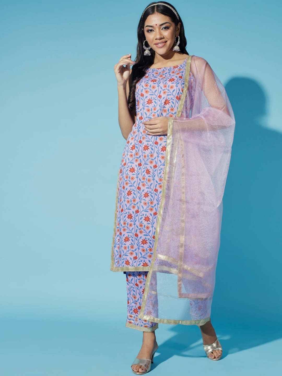 

Sangria Printed Straight Kurta With Trouser & Dupatta Set, Lavender