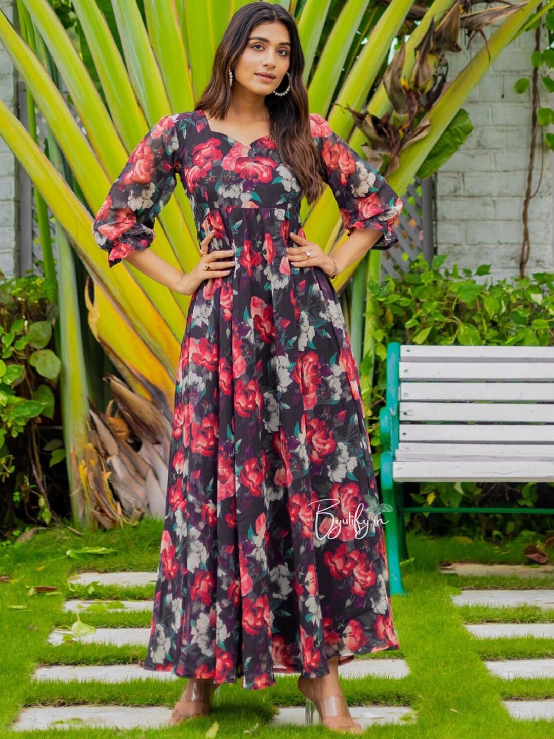 

KALINI Floral Printed Gown Maxi Ethnic Dress, Black