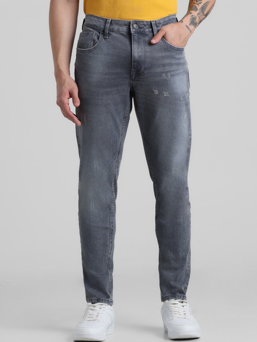 

Jack & Jones Men Slim Fit Low Distress Heavy Fade Whiskers Stretchable Jeans, Grey