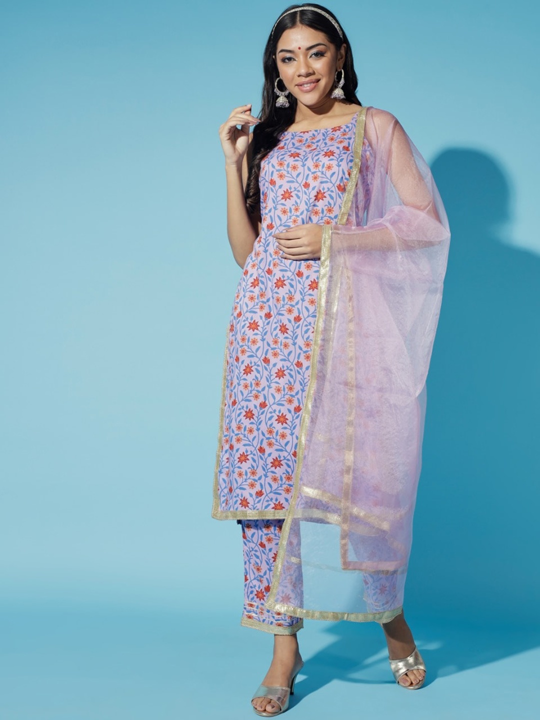 

KALINI Floral Printed Regular Gotta Patti Kurta & Trousers With Dupatta, Lavender