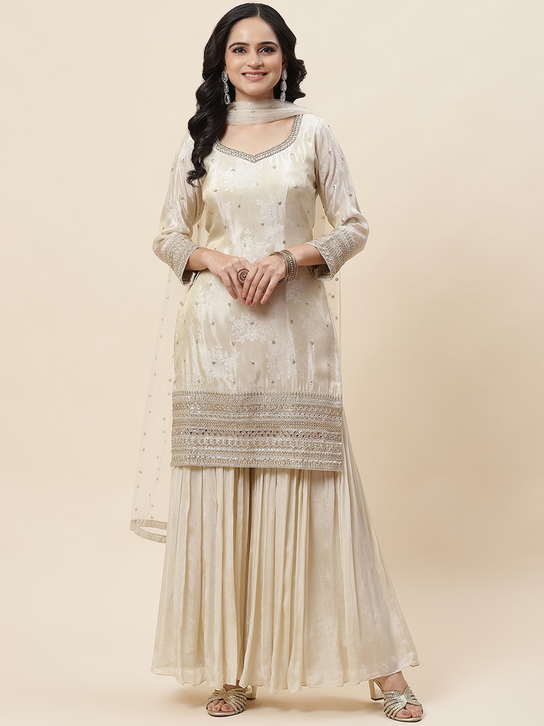 

Meena Bazaar Ethnic Motifs Embroidered Sequinned Straight Kurta & Sharara With Dupatta, Beige